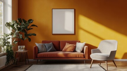 Sofa and armchair against wall with poster frame Scandinavian home interior design of modern living room