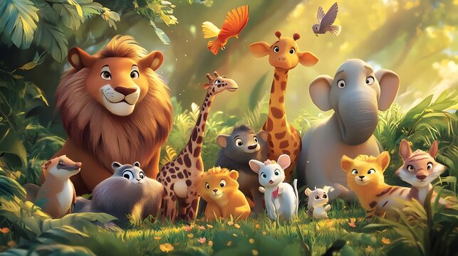 Cartoon animals of different species playing together in harmony, promoting inclusivity