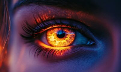 Close-up of an illuminated human eye with intense fiery colors and detailed iris texture.