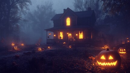 Eerie Halloween-themed haunted house in an American suburb glowing pumpkins on the porch