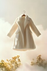 Majestic Fur Coat Floating Mid-Air with Dreamlike Clouds and Natural Landscape