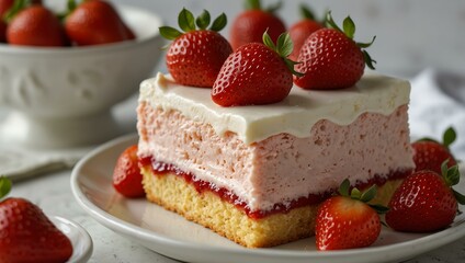 Strawberry cake topped with fresh strawberries.