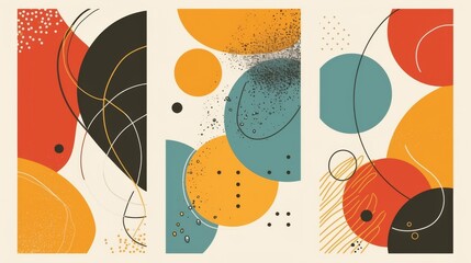  Set of 3 modern abstract vector banners featuring flat geometric shapes in various colors with black outlines. 