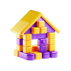 Fototapeta premium A colorful toy house made of purple and yellow blocks. It's a creative and playful structure that showcases imagination and fun.