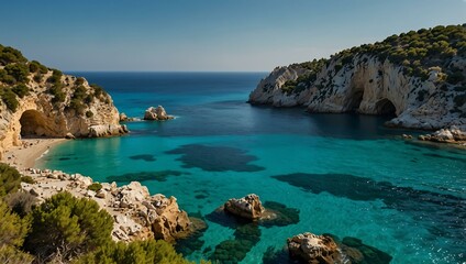 Stunning Mediterranean coastline with turquoise water and rocky cliffs.