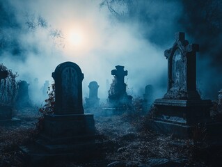 Halloween in an American graveyard gravestones with creepy decorations