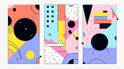 Obraz premium Set of 3 modern abstract vector banners featuring flat geometric shapes in various colors with black outlines. 