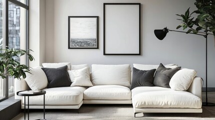White corner sofa with pillows and black metal floor lamp near window against wall with art frame Scandinavian interior design of modern living room