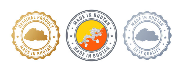 Bhutan - set of stamps with map and flag. Best quality. Original product. Vector illustration