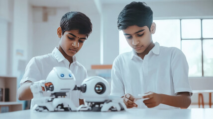 two modern small indian students doing a robotic project. the students must wear white shirt, in classroom