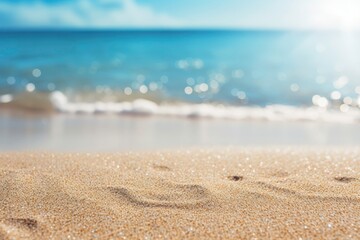 The scene offers a scenic view of a sandy beach, a crystal blue ocean, a sunny sky, and golden sparkles. Ideal for summer vacation concepts. Generative AI