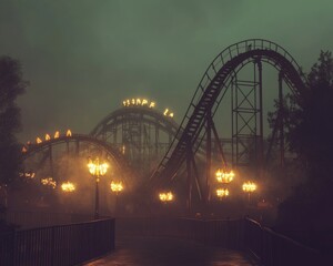 Haunted American amusement park roller coasters shrouded in fog