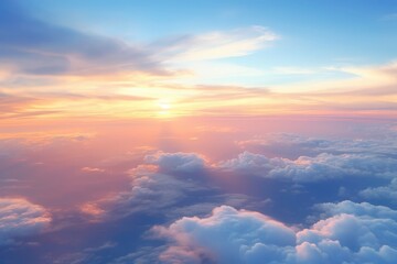 Fototapeta premium Clouds illuminated by golden sunset above horizon. weather related content, inspirational messages, travel promotions, and artistic projects. Generative AI