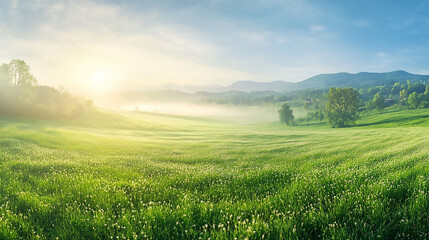 Fototapeta premium Blurry landscape background, generative ai green field in summer landscape with sunlight.