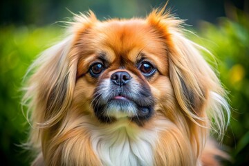 Close-Up Portrait of a Pekingese Dog Face with Adorable Expression and Fluffy Fur in Natural Light