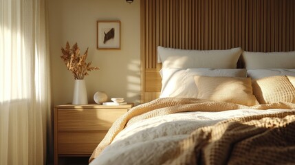 Wood bedside cabinet near bed with beige blanket Farmhouse interior design of modern bedroom with lining wall and beam ceiling