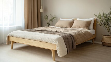 Wood bed with beige bedding Scandinavian interior design of modern bedroom