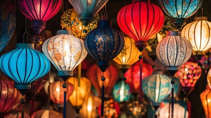 A collection of colorful lanterns from different cultures hanging together to promote harmony