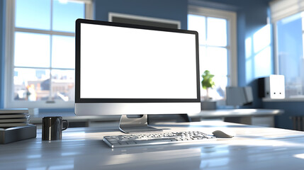 Naklejka premium Innovative Office Scene Highlighting an LED Computer Screen Mockup with a PNG Display, Perfect for Modern Workspaces and Digital Presentations