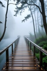 Obraz premium Wooden Bridge Leading into Misty Forest