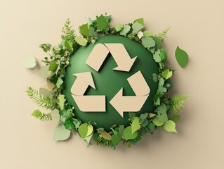 Recycle Symbol and Earth in Green and Beige Papercut Style