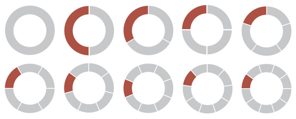 A round segmented chart. Divided into 1-10 parts. Segmented circle icons for infographic, data analysis, web design, ui or presentation. Grey and red.