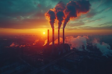 Fototapeta premium Industrial Sunset: Smoke Plumes Rising from a Power Plant