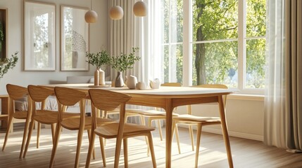 Wooden setted dining table and chairs in scandinavian interior design of modern dining room with window