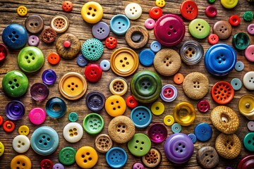 Fototapeta premium Collection of Colorful Vintage Buttons on a Rustic Wooden Surface for Crafting and Design Projects