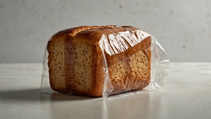 Toast loaf wrapped in plastic on a white background.