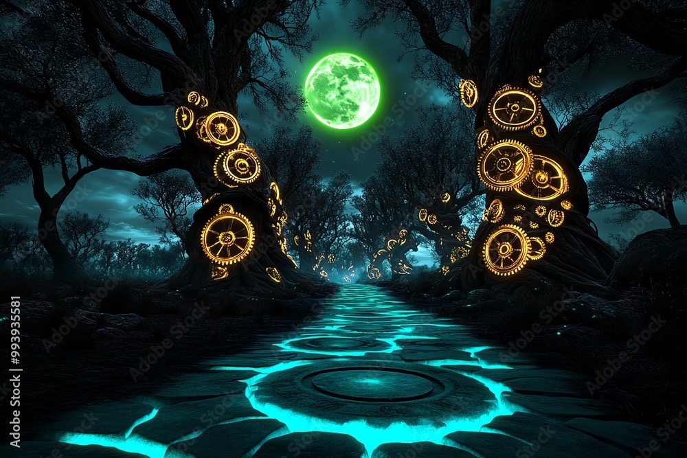 Poster A dark forest with towering ancient trees, their branches entangled with golden clock gears. The moon glows green in the night sky, casting a soft light over a pathway made of glowing teal stones
