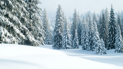 Obraz premium A tranquil winter forest with snow-covered trees under a soft blue sky.