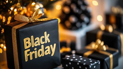 Black Friday gifts with golden ribbons and illuminated tree, holiday sale concept