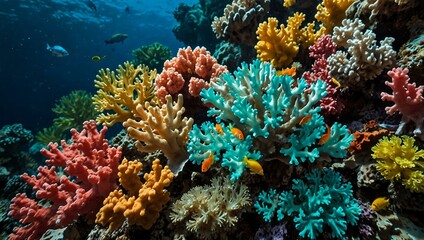 Underwater shot of colorful corals and fish.