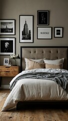 Urban bedroom featuring an empty wall frame.