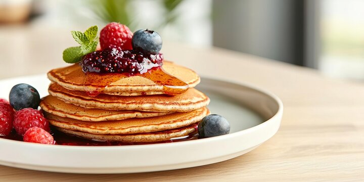 Glutenfree pancakes with a mix of buckwheat and almond flour, topped with berry compote, fusion of traditional and dietconscious, food fusion, healthy breakfast