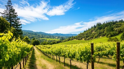 Naklejka premium Lush vineyard landscape under a bright sky with rolling hills and vibrant greenery