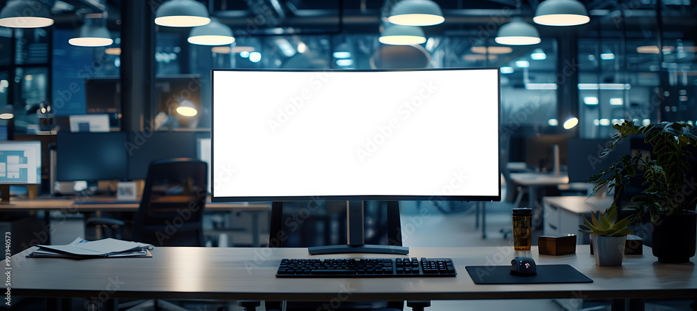 Canvas Prints led computer screen mockup in a stylish office environment, showcasing a clear png display for enhan