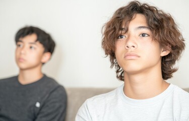 Fototapeta premium Teenage Boys in Living Room Engaged in Deep Discussion - Close-Up, Contemporary Hispanic Family, Candid Moment