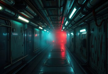 Fototapeta premium Futuristic Sci-Fi Corridor with Neon Lights and Fog