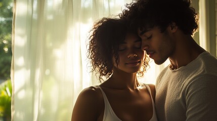 An interracial couple shares a tender moment by a window, bathed in soft sunlight and intimacy.