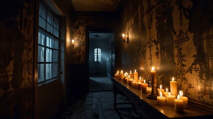 Fototapeta premium Flickering candles illuminate a spooky, narrow hallway with peeling wallpaper, cobweb-covered portraits, and eerie shadows, evoking a sense of eerie foreboding and hauntedHistory.