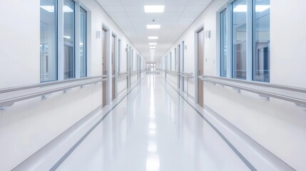 Modern hospital corridor with bright lighting and clean white walls.