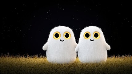 Fototapeta premium Two cute, fluffy characters with big eyes on a grassy field, isolated on black background.