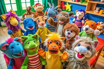 Fototapeta premium Colorful Animal Puppets Perfect for Children's Entertainment and Educational Activities in Playrooms