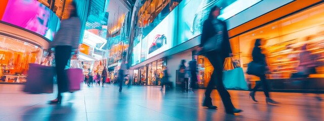 Busy shopping mall with blurred shoppers walking under bright digital billboards