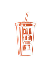 Fast food plastic cup with straw. Hot or cold drink. Original vector illustration in vintage style.