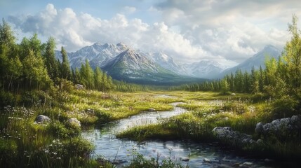 Obraz premium A tranquil meadow nestled in the mountains, with a gentle stream flowing under a clear sky
