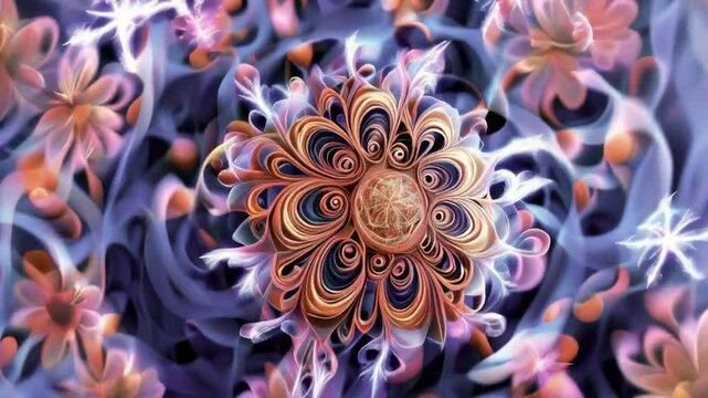 Background with involute motion of balls and fractals look like snowflakes or flowers