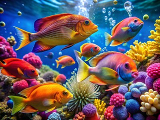 Fototapeta premium Colorful Animated Fishes Swimming in a Vibrant Underwater Scene with Coral and Bubbles